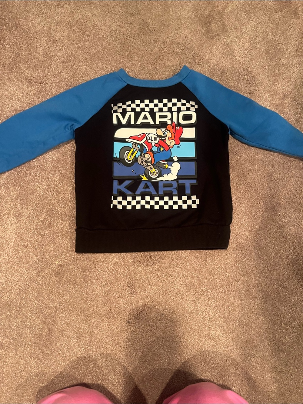 Nintendo Black Sweatshirt with Blue Raglan Sleeves and Mario Kart Graphic